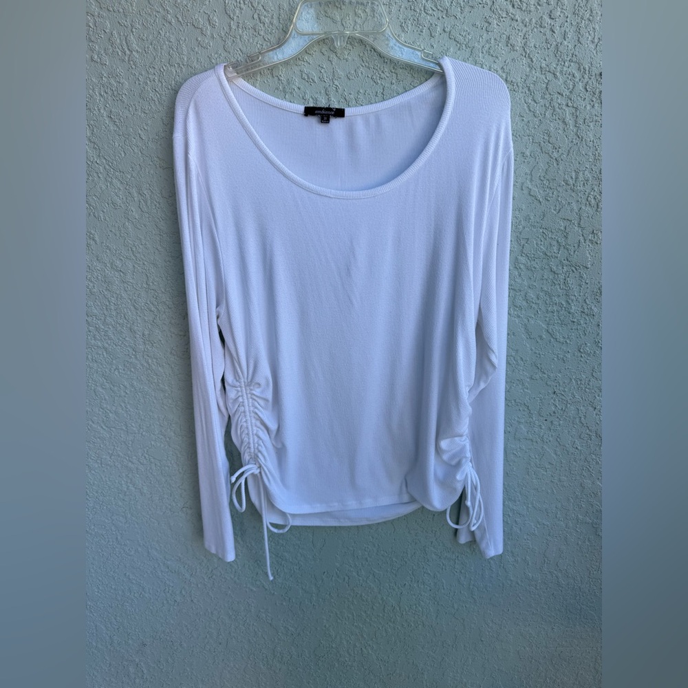 Ambiance 3X white long sleeve peasant blouse side ties ruched flattering comfy